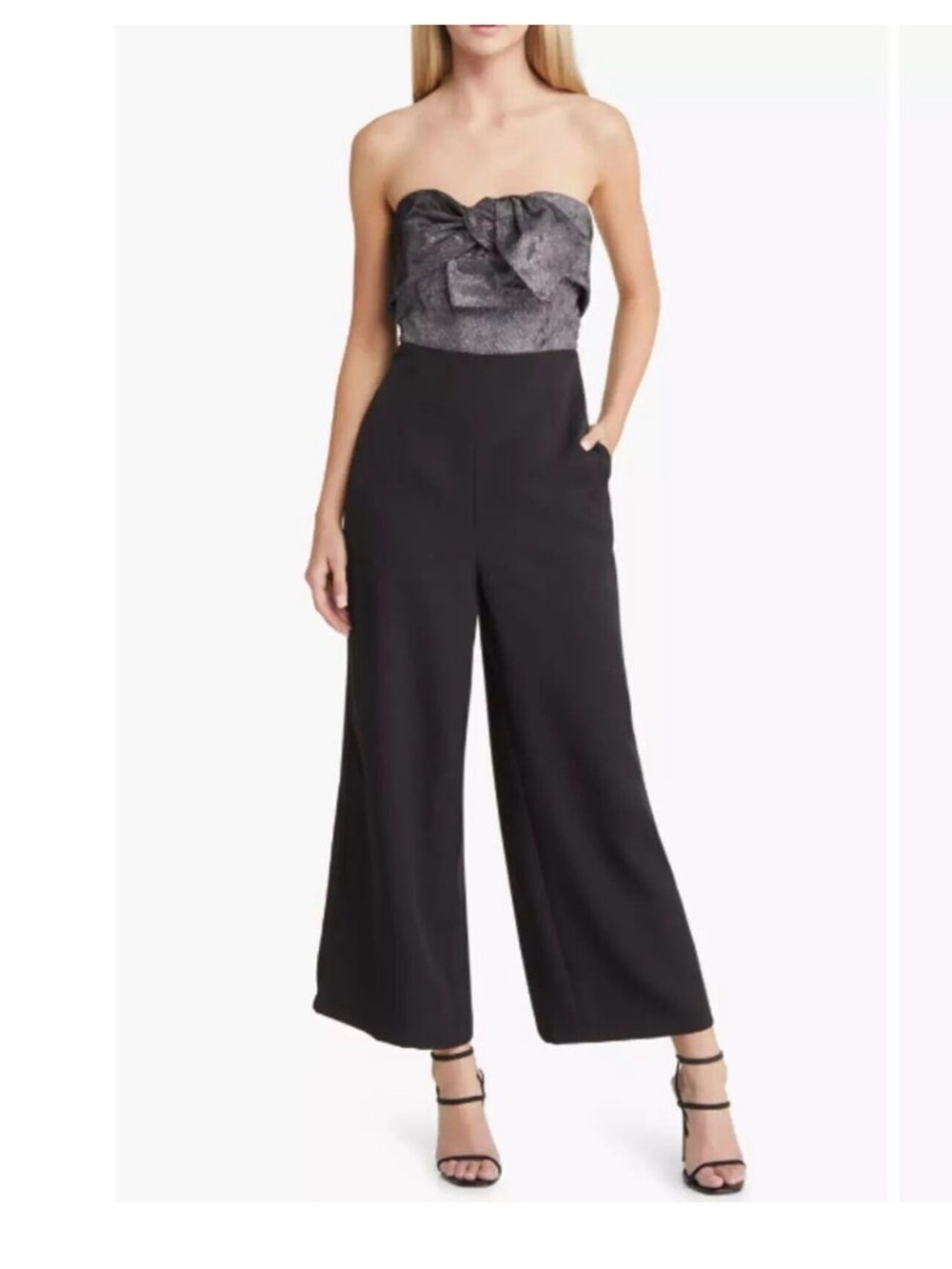 Sam Edelman Cady Strapless Bow Sparkle Jumpsuit Black Silver Size 2